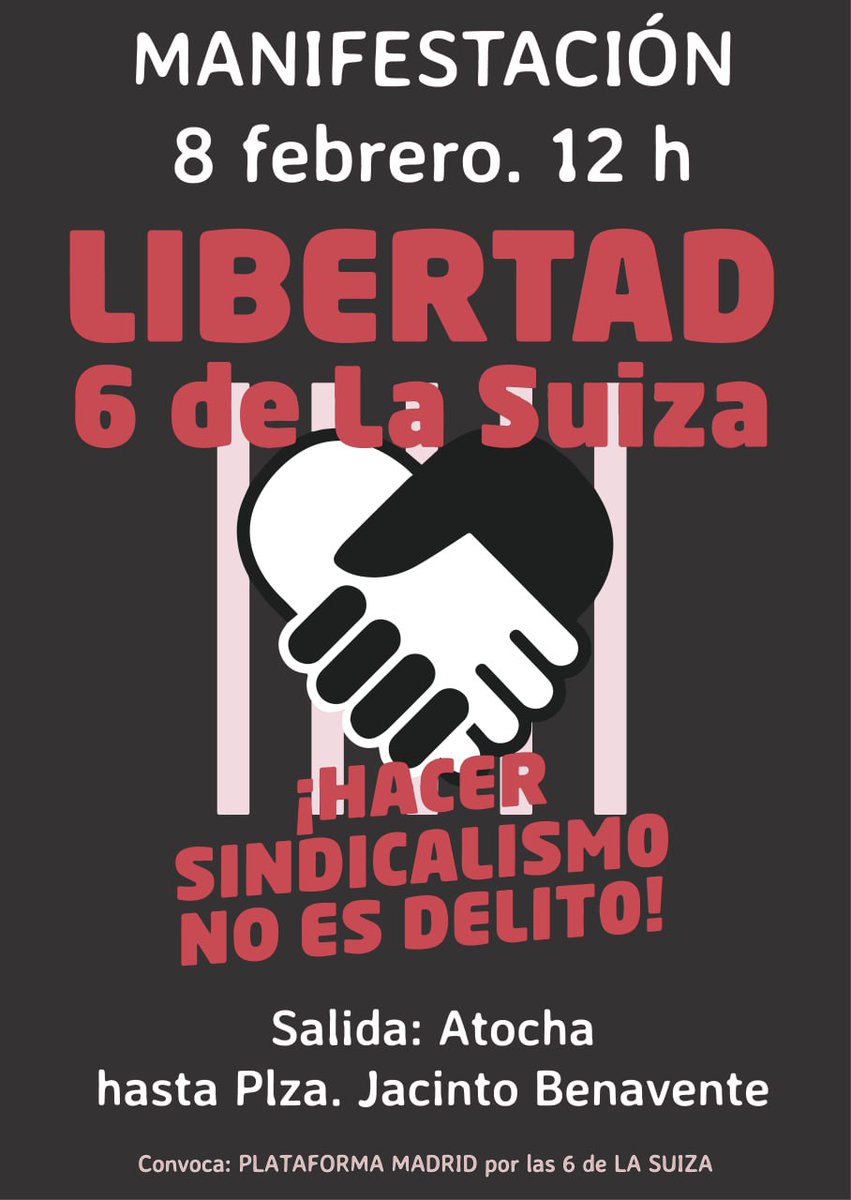 SEIS DE LA SUIZA

Manifestación por nuestras compañeras de <a href="/6delaSuiza/">6 de la Suiza</a> . Porque no están solas

🗓️ Sábado 8 de febrero

🕚12 h

📍Atocha-Jacinto Benavente

#8FConLas6delaSuiza
#HacerSindicalismoNoesDelito
#SomosMasDe6