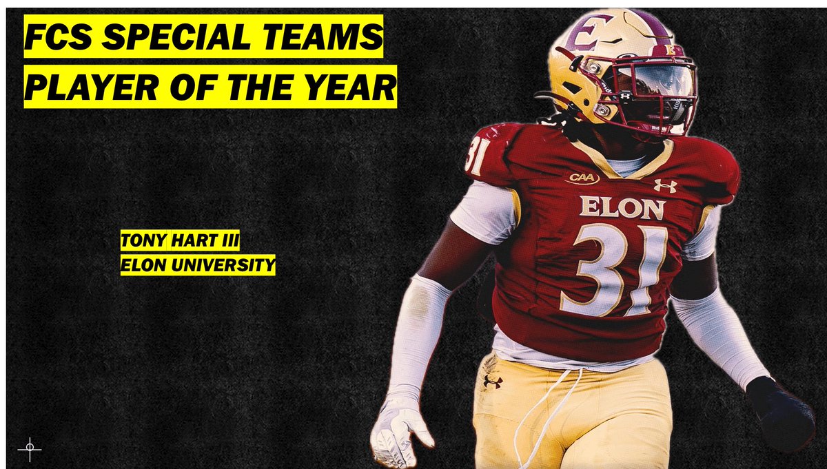 National Special Teams Player of the Year Award (@specialteamspoy) on Twitter photo Congratulations to our 2024
FCS Special Teams Player of the Year:
Tony Hart III of Elon University
<a href="/Tonyhartlll/">Tony Hart lll</a> <a href="/ElonFootball/">Elon Football</a> Congratulations to our 2024
FCS Special Teams Player of the Year:
Tony Hart III of Elon University
<a href="/Tonyhartlll/">Tony Hart lll</a> <a href="/ElonFootball/">Elon Football</a>