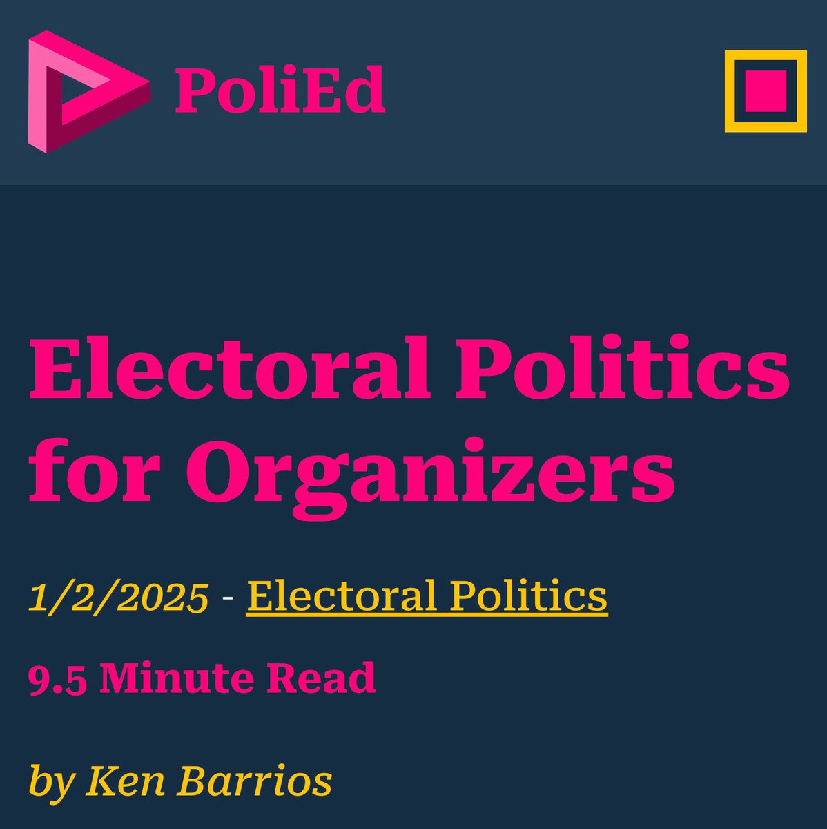 HelloPoliEd's tweet image. This is equally for electoral politics skeptics, seasoned veterans, and anyone interested in exploring new fields of struggle. It is not abstract theory. It is rooted in the concrete experience from Leftists in Chicago.

Electoral Politics for Organizers 

polied.com/articles/elect…