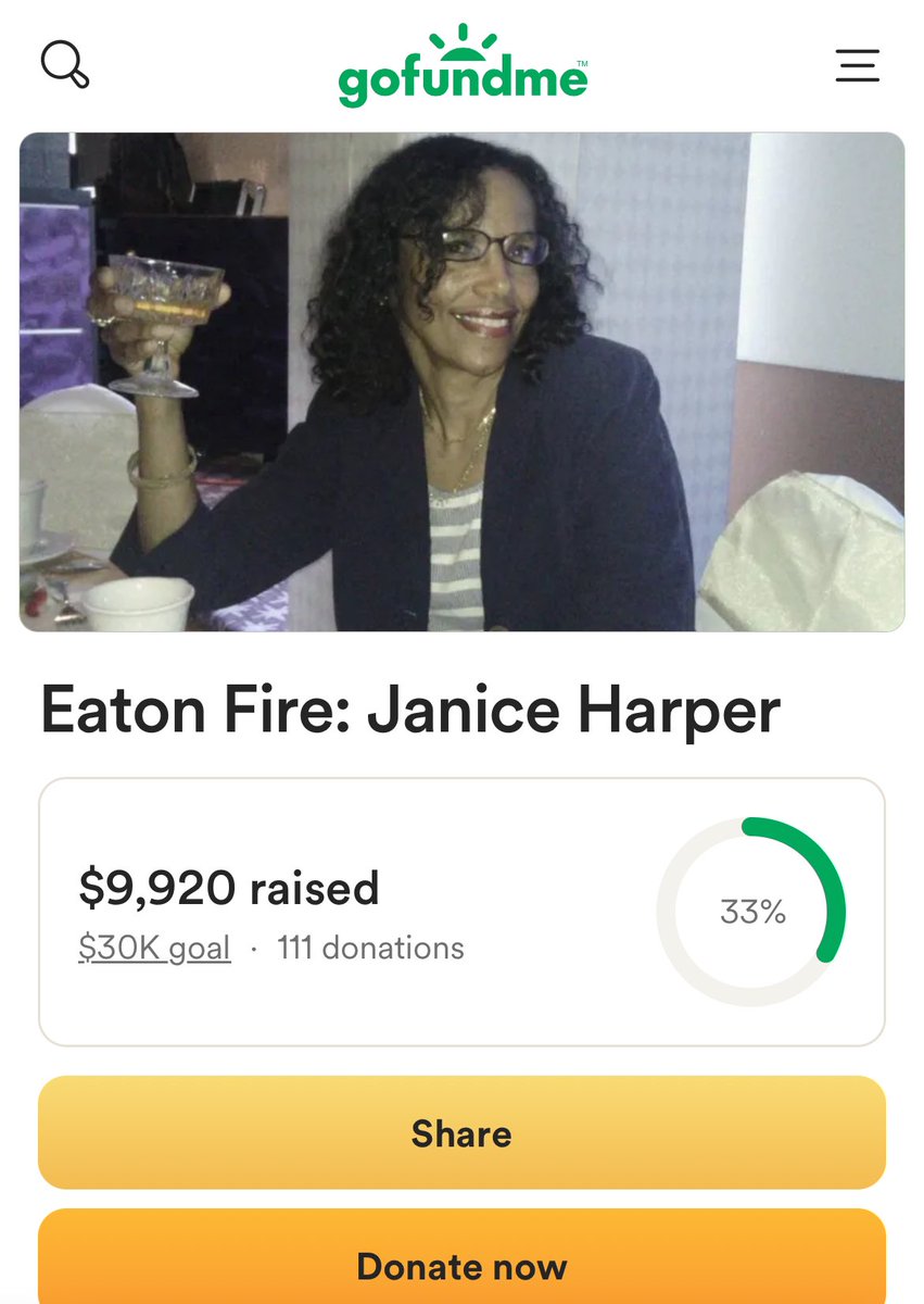 FaatiTheStreet's tweet photo. Eaton Fire: Janice Harper
33% of the way to goal
#AltTextLAFire #lafires
https://t.co/zDtaPCd2r6 https://t.co/H1ClBiixsx