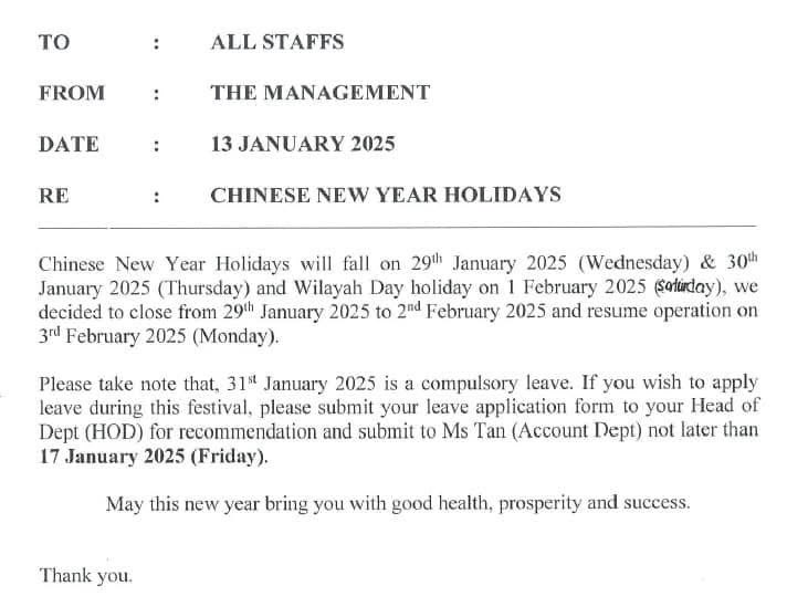 faridaffy's tweet photo. Majikan kalau nak shutdown company during CNY, tak boleh paksa staff gunakan AL.

Dia samada:
• Biarkan company beroperasi, atau
• Bagi staff cuti berbayar, atau
• Staff setuju untuk guna AL dia baru boleh

Tapi segelintir je yang macam ni. Banyak je yang bagi cuti free. Kan? https://t.co/apzSrfjoqY