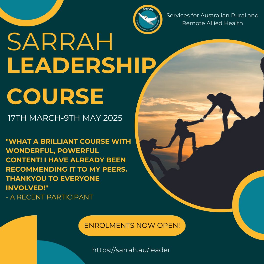 Enrolments for the 2025 SARRAH Leadership Course are now open! 

Find out more and register here: sarrah.au/leader

#courses #cpd #CPDTraining #alliedhealth #leadership #leadershipdevelopment