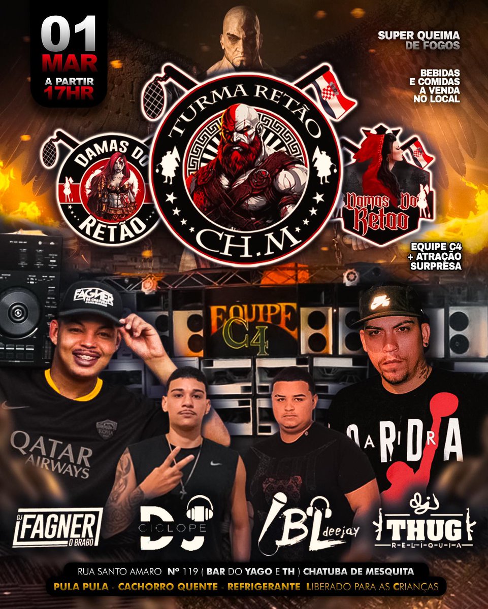 TurmaRetao's tweet photo. MEGA SAÍDA DA TURMA RETÃO 🐺🎌🇭🇷

01 DE MARÇO: APARTIR DE 17:00 HRS 

SUPER QUEIMA DE FOGOS 🎆🎇
EQUIPE DE SOM + ATRAÇÕES 
VARIOS DJS ✅
BEBIDAS A VENDA NO LOCAL

RUA : SANTO AMARO 119 - CHATUBA DE MESQUITA 

LIBERADO : REFRIGERANTE+ CACHORRO QUENTE E PULA PULA PARA AS CRIANÇAS. https://t.co/ZNZE9MaNk6