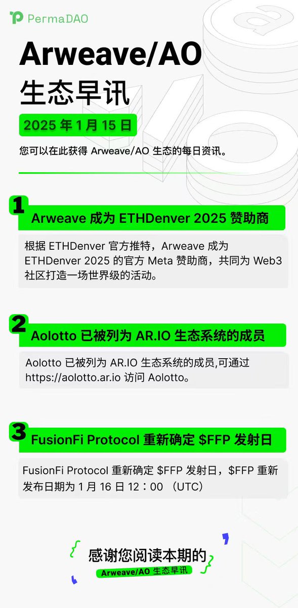 perma_daoCN's tweet photo. 【Arweave & AO 早讯】1 月 15 日

● Arweave 成为 ETHDenver 2025 赞助商
● @aolotto_dao 已被列为 @ar_io_network 生态系统的成员
● @FusionFiPro 重新确定 $FFP 发射日

@ArweaveEco @aoTheComputer