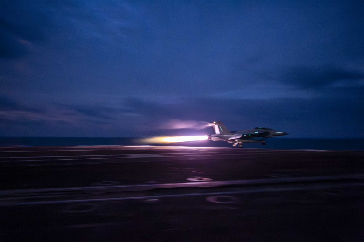 Hitting the after burners. 🔥

 Take a look at some night flight operations on the flight deck of the <a href="/CVN70/">USS Carl Vinson</a>.  Vinson is currently underway conducting routine operations in the <a href="/US7thFleet/">7th Fleet</a> area of operations.