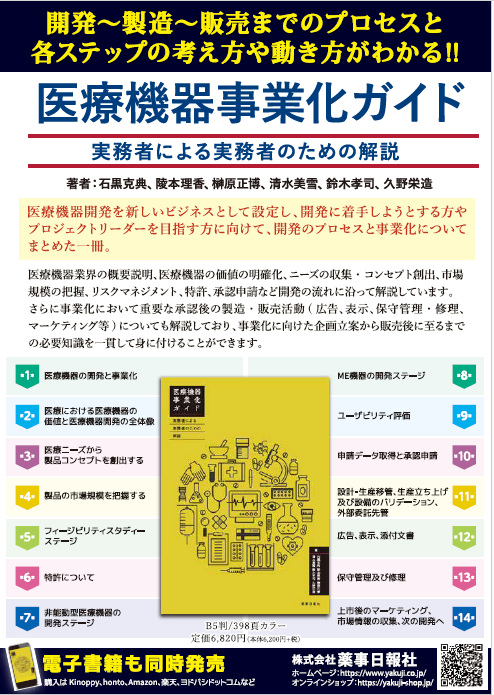 ikou_commons's tweet photo. 薬事日報社さんより新刊「医療機器事業化ガイド」のお知らせです。
医療機器開発を新しいビジネスとして設定し、開発に着手しようとする方やプロジェクトリーダーを目指す方に向けて、開発のプロセスと事業化についてまとめられています。 https://t.co/thXMXlRBVT