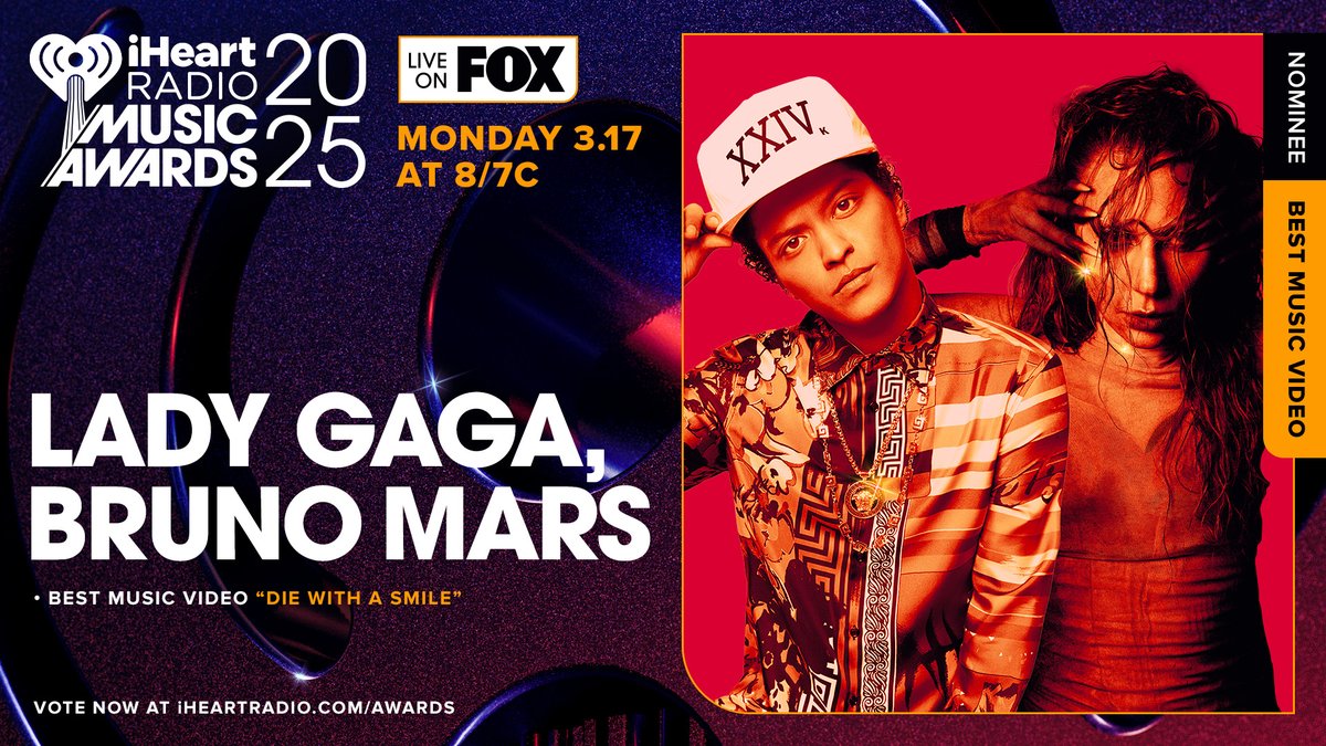 iHeartRadio's tweet photo. 📹 @ladygaga @BrunoMars 📹

Vote “Die With A Smile” for Best Music Video now at: https://t.co/aPueslpaIw

#iHeartAwards https://t.co/VNJDlBiyjm