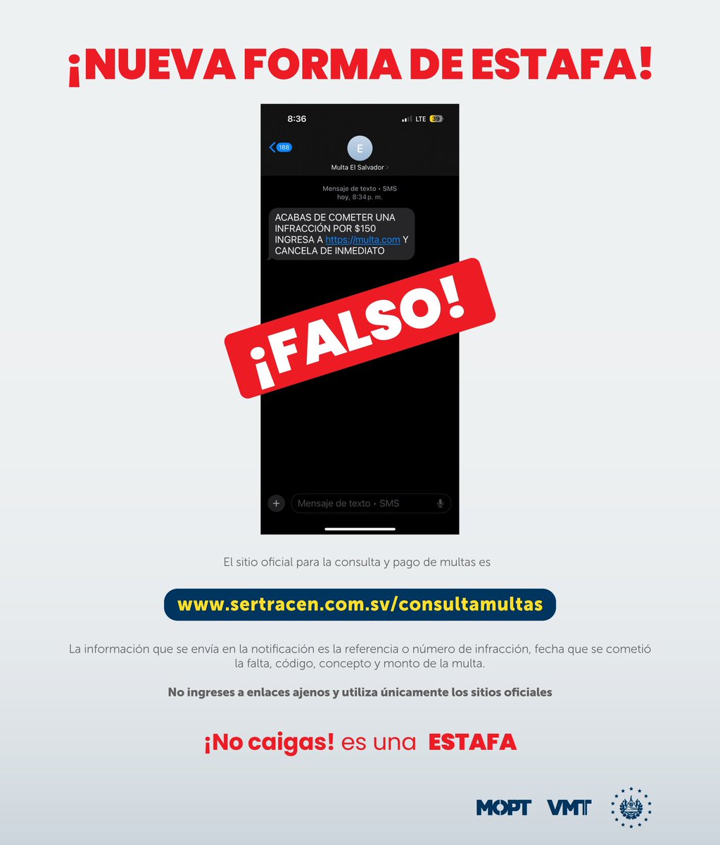 VMTElSalvador's tweet image. ¡NO CAIGAS EN ESTAFAS!

Los campos que se presentan en una notificación digital por infracción a la normativa de tránsito son:

🧾Referencia o número de infracción
🗓️Fecha que se cometió la falta
🔢Código, concepto y monto de la multa.

No ingreses a enlaces ajenos y utiliza…