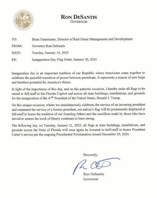 Flags in Florida will fly at full-staff for inauguration day.