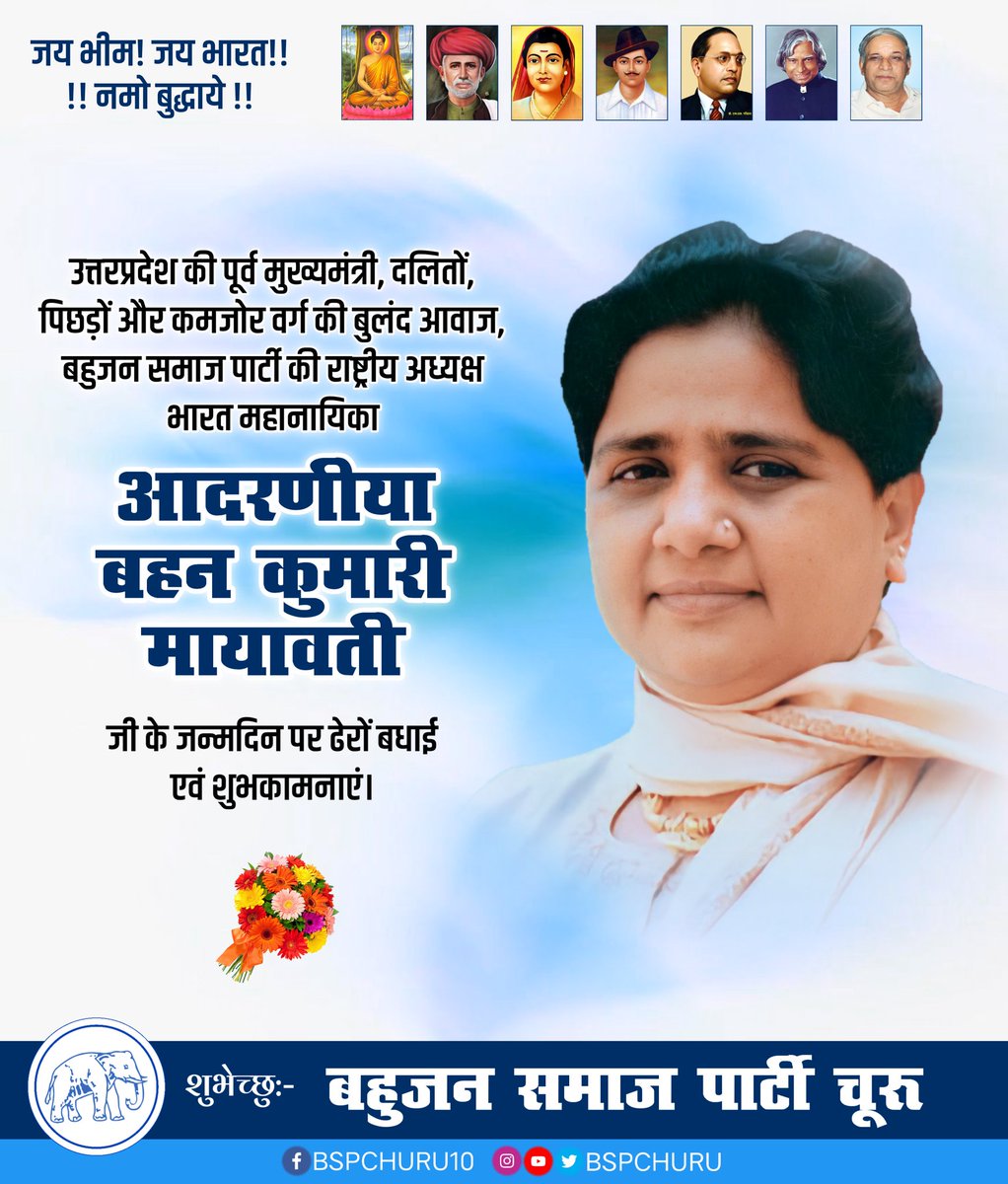 BspChuru's tweet photo. उत्तरप्रदेश की पूर्व मुख्यमंत्री, दलितों, पिछड़ों और कमजोर वर्ग की बुलंद आवाज, बहुजन समाज पार्टी की राष्ट्रीय अध्यक्ष भारत महानायिका बहन कुमारी मायावती जी के जन्मदिन पर ढेरों बधाई एवं शुभकामनाएं।
💐💐💐 https://t.co/py2ktGjVMl