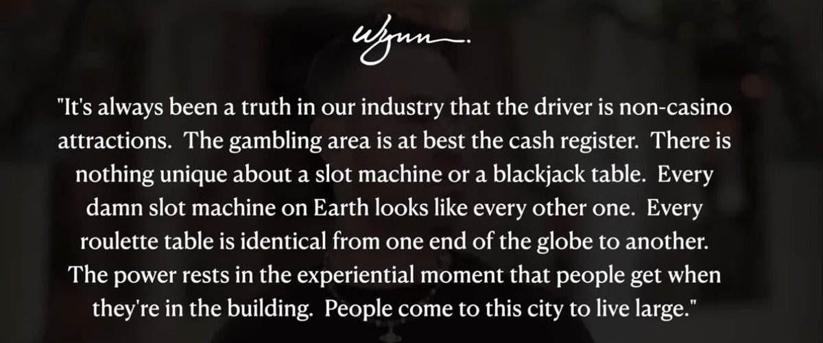 Crypto casino operators (dex, defi, meme, all consumer crypto founders) could learn from veterans like Wynn👇🏻

like Vegas, crypto thrives on 3 core PMFs: cheap dopamine, PvP thrills, populist psyops. But real winners are those who elevate beyond these and create emotional and