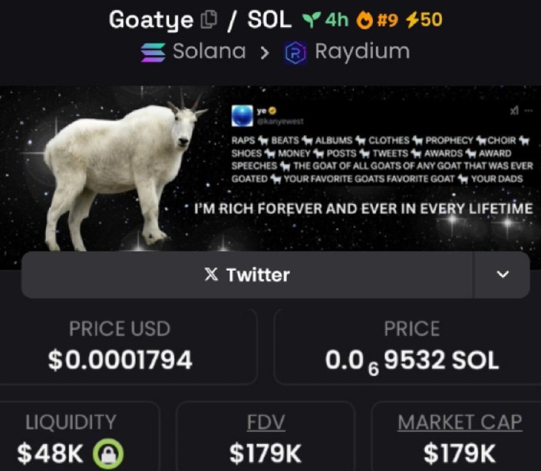 cryptowalker07's tweet photo. Aped $Goatye at $179k on my private telegram 
Don’t miss out on the next opportunity 

$BUILD $FUSION $SONIC $nub $AICMP $PENGU $TETSUO $BUZZ $NEUR $TRUMP $DEUS #duckai #scat #dtj20 #mack #whouse #mvrs #MEMDEX #ovo #duck #THL https://t.co/P4EZyPGL8M