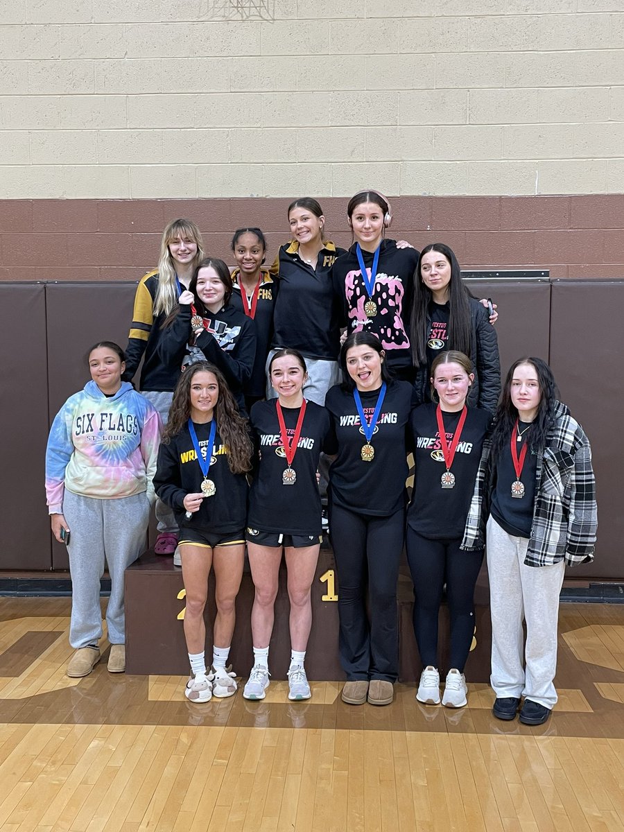FestusWrestling's tweet photo. Congratulations to the Girls on  their 1st JCAA Conference Championship! Mya Hairston Trinity Butler Dani Gullet and Grace Dust took 1st.  Addi Cupp Izzy Horn Zhamir Ford Liv White Natalie Dillon Mylah Dolde took 2nd. @MetroSportsSTL @myleaderpaper @FestusR6Supt @FESTUSAthletics https://t.co/nh1wZCNvUI