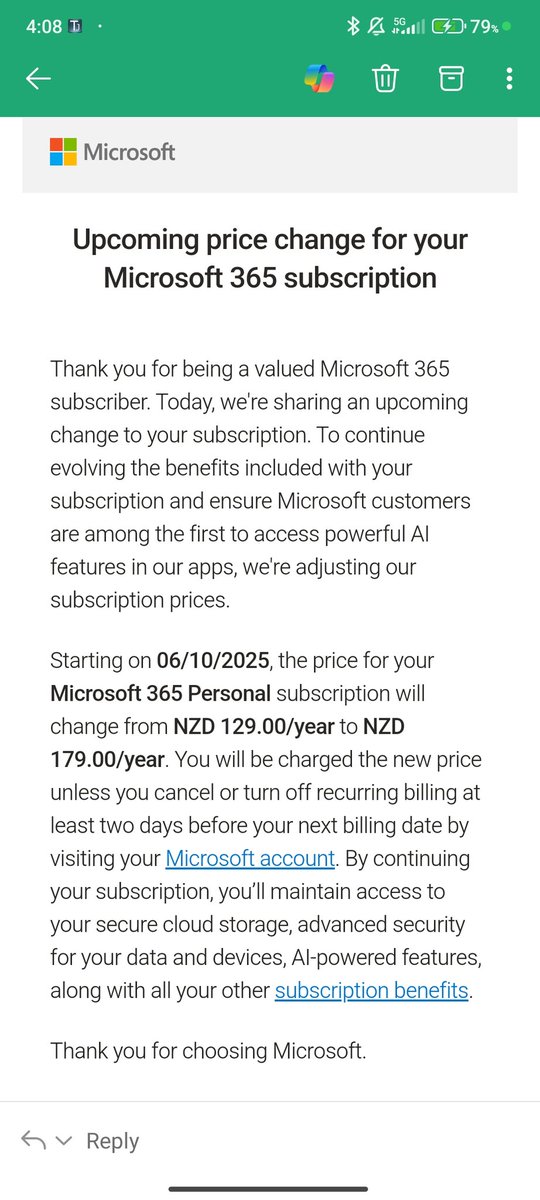 BillTadz's tweet photo. Microsoft 365 Personal subscription in NZ will increase by 38%. #WhatToDo? https://t.co/h6nKzeMuJ1