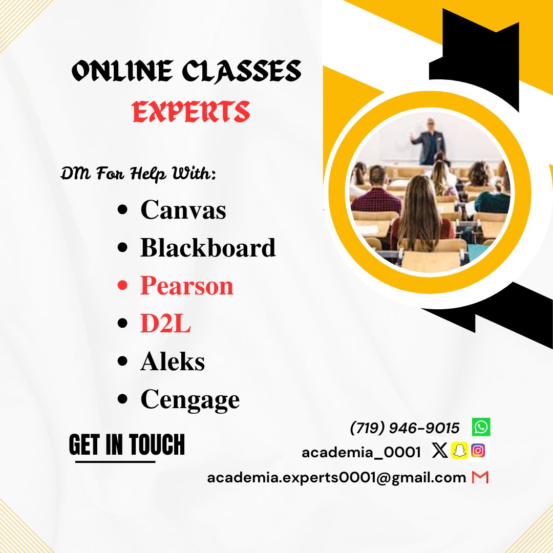 Academia0001's tweet image. Hmu for help with;

ALEKS 
Blackboard 
Canvas 
Brighter space
McGraw hill
Proctored exams
Lessons and modules
Online classes
D2L
Aplia
WileyPlus

Send us a DM and we will help knock  your assignments and grades down

💯 legit and private
Quality guaranteed.  #ucf #umhb #USA #BSU