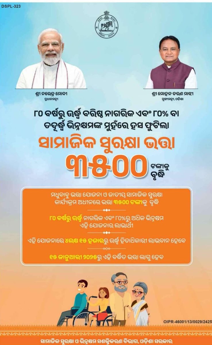 ପୂରଣ ହେଉଛି ପ୍ରତିଶ୍ରୁତି। ସୁନିଶ୍ଚିତ ହେଉଛି ସାମାଜିକ ସୁରକ୍ଷା। ୮୦ବର୍ଷରୁ ଅଧିକ ବୟସର ନାଗରିକ ଏବଂ ୮୦ ପ୍ରତିଶତ କିମ୍ବା ତା’ଠାରୁ ଅଧିକ ଭିନ୍ନକ୍ଷମଙ୍କୁ ମିଳିବ ₹୩୫୦୦ ସାମାଜିକ ସୁରକ୍ଷା ଭତ୍ତା । ଏହାଦ୍ୱାରା ରାଜ୍ୟର ୪ଲକ୍ଷ ୧୫ ହଜାରରୁ ଅଧିକ ହିତାଧିକାରୀ ଉପକୃତ ହେବେ। #Odisha