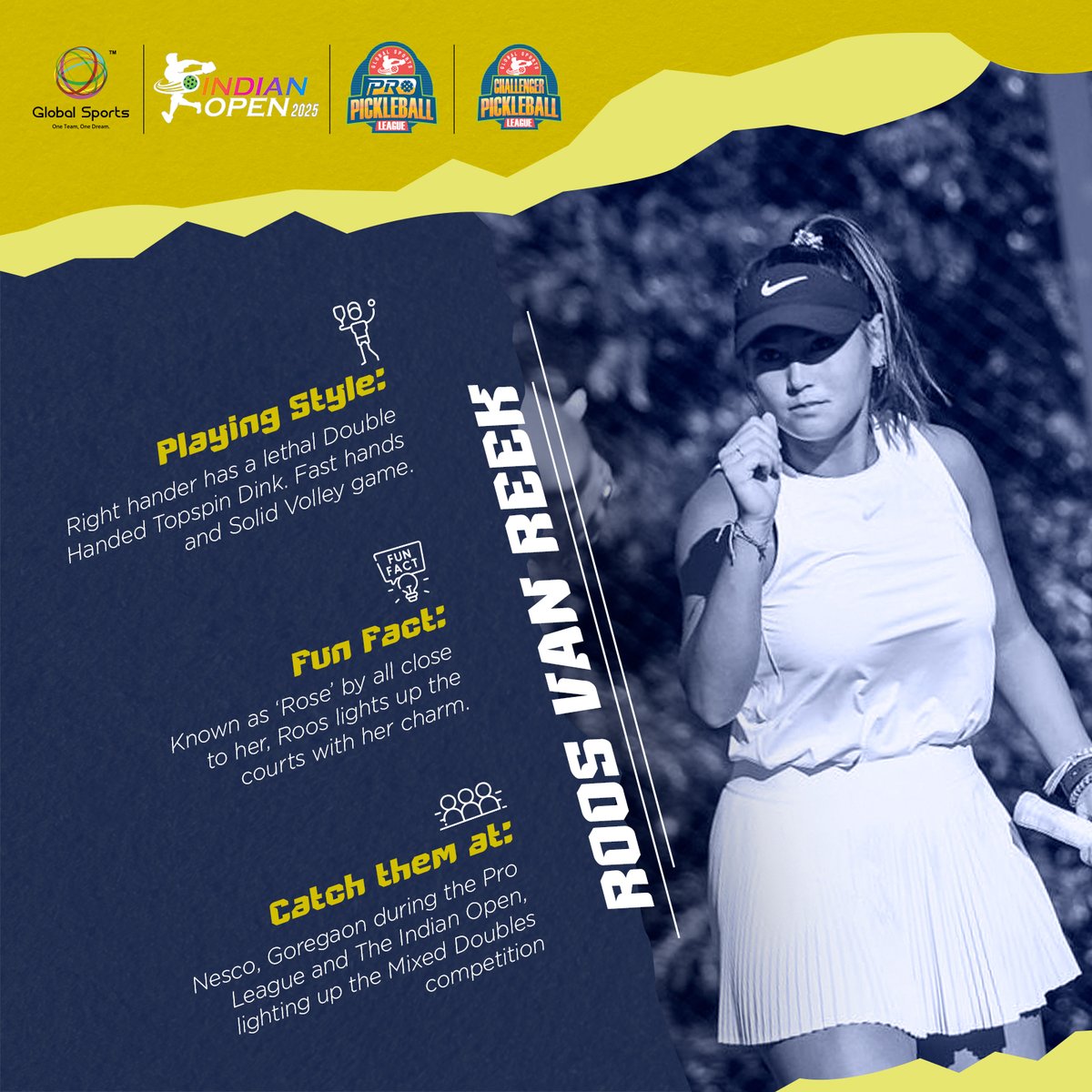 htTweets's tweet image. Roos Van Reek is coming to Mumbai for the Pro League &amp;amp; Indian Open! A Mixed Doubles specialist with wins in India, Asia, and Australia, watch her light up the courts with her charm and skill. 

#GlobalSports #IndianOpen2025 #PickleballChampion #GlobalSports @globalsportspb