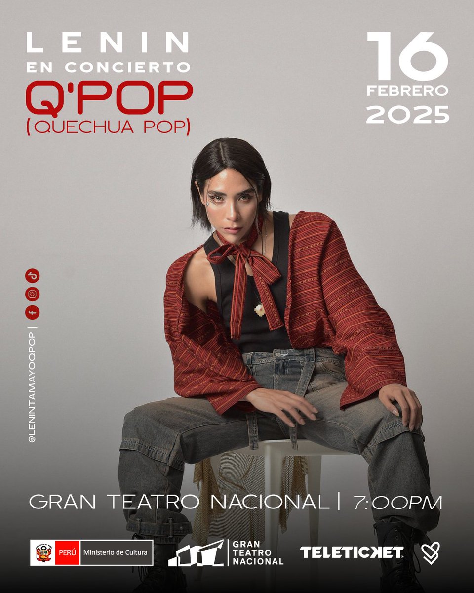 Lenintamayoqpop's tweet image. Quiero agradecerles URPY por todo el apoyo y cariño genuino 🇵🇪, anunciando
Q´POP (Quechua pop) en CONCIERTO en el @GranTeatroNac este 16 de Febrero entradas a la venta en @teleticketperu
teleticket.com.pe/lenin-q-pop-20…

#leninqpop  #quechuapop #qpoptour #Peru
