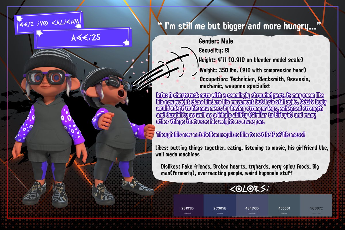 GeizCr's tweet image. It's been a while since I made a character sheet for Geiz so here it is! New body type and all thanks to @TD22345 who set up the model ^^. Hopefully, twitter doesn't mess up this picture resolution🫤
#Splatoon3 #splatoonart #スプラトゥーン #blender3d