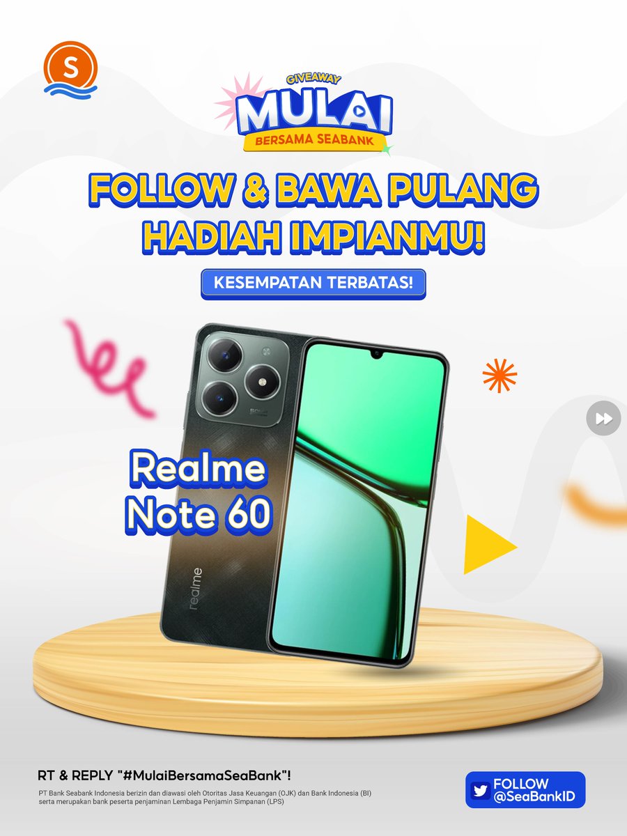 SeaBankID's tweet photo. BAWA HADIAHMU: REALME NOTE 60! 🫶
#MulaiBersamaSeaBank

Caranya cuma:
1. FOLLOW TWITTER @SEABANK.ID
2. LIKE &amp; RT Tweet ini
3. REPLY "MULAI BERSAMA SEABANK" sebanyak 10x
4. TAG TEMANMU

CEK selengkapnya di slide ke 2! 👍🏻 https://t.co/6WH6lT26Qv