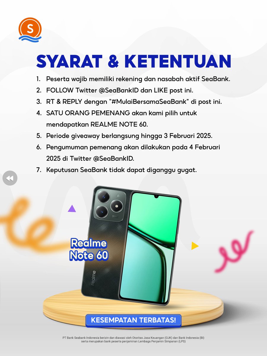 SeaBankID's tweet photo. BAWA HADIAHMU: REALME NOTE 60! 🫶
#MulaiBersamaSeaBank

Caranya cuma:
1. FOLLOW TWITTER @SEABANK.ID
2. LIKE &amp; RT Tweet ini
3. REPLY "MULAI BERSAMA SEABANK" sebanyak 10x
4. TAG TEMANMU

CEK selengkapnya di slide ke 2! 👍🏻 https://t.co/6WH6lT26Qv