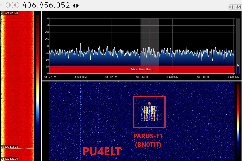 PU4ELT's tweet photo. 2025-01-15 02:17UTC 

Strong signals were received from the 🇹🇼 3U Cubesat PARUS-T1 (#BN0TIT) on its first pass over Brazil 🇧🇷 !

In total I received 8 packets in AFSK 1k2 (Disregard the time shown on the SoundModem as I decoded the packets after the satellite pass).

@TASA_Taiwan https://t.co/j0W9Ylj3DA