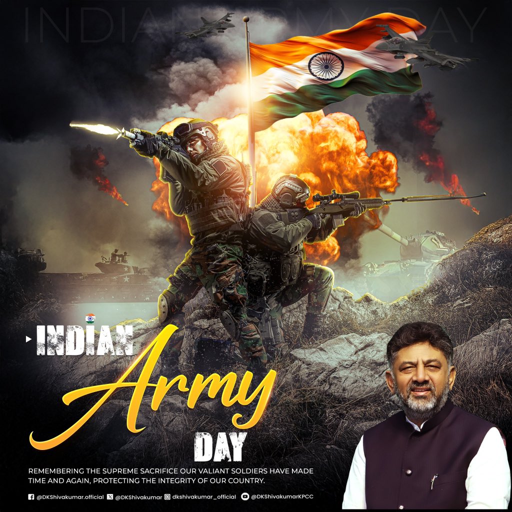 DKShivakumar's tweet photo. My good wishes to all army personnel, veterans and their families on #IndianArmyDay.

Let us acknowledge the efforts of our brave soldiers guarding the frontiers and express gratitude to them for protecting our beloved nation's sovereignty and integrity. https://t.co/wfvOQvRYtF