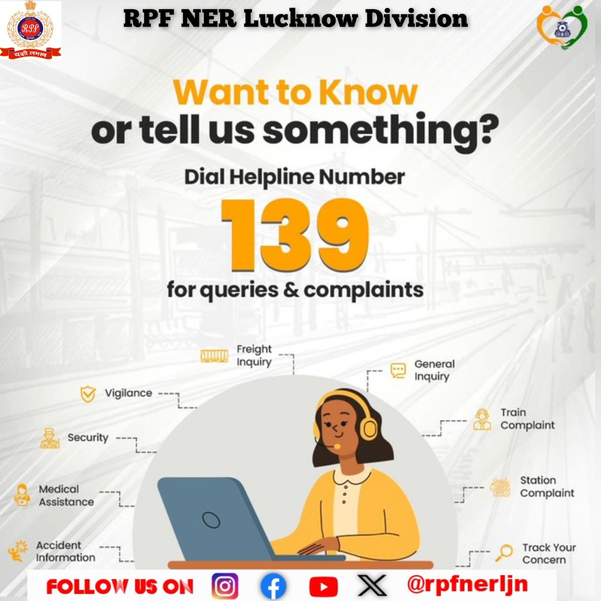 rpfnerljn's tweet photo. *Got an issue during your journey?*  
Dial *Rail Madad📞* Integrated *Helpline number 139* and seek answers to all your queries/concerns during your Train journey🚇.
 #Dial139 
#IndianRailways #StayAlert #StaySafe @drmljn 
@RPF_INDIA 
@rpfner 
#TickettoSuraksha
@railminindia https://t.co/ubOO3SilWz