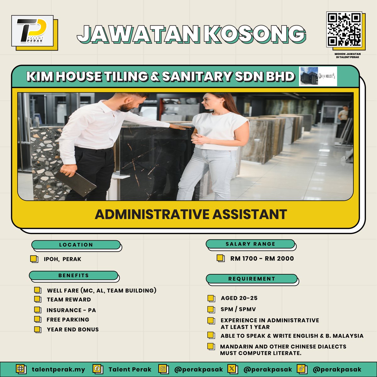 📢 JAWATAN KOSONG

Jom sertai  𝐊𝐈𝐌 𝐇𝐎𝐔𝐒𝐄 𝐓𝐈𝐋𝐈𝐍𝐆 &amp; 𝐒𝐀𝐍𝐈𝐓𝐀𝐑𝐘 𝐒𝐃𝐍 𝐁𝐇𝐃 !

Berminat? Scan QR Code di poster untuk mendaftar!

☎️ Sebarang pertanyaan: wasap.my/60103297284/Ki…
(Isnin - Jumaat jam 9.00 am - 5.00 pm - Tidak termasuk cuti umum)