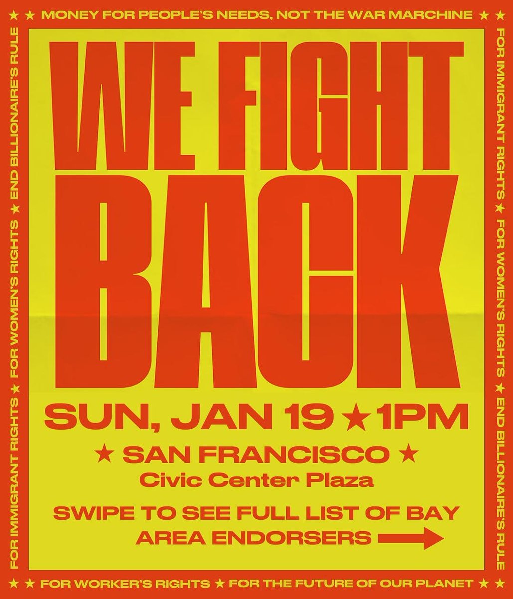 Jobs with Justice San Francisco (@jwjsf) on Twitter photo Turn out in mass ahead of Inauguration Day to show our resistance to Trump's extreme-right billionaire agenda! Fight for immigrant rights, worker's rights, trans and women's rights. ✊🏽
Join a JwJ contingent at 1pm to the left of SF City Hall stairs (facing the plaza). Turn out in mass ahead of Inauguration Day to show our resistance to Trump's extreme-right billionaire agenda! Fight for immigrant rights, worker's rights, trans and women's rights. ✊🏽
Join a JwJ contingent at 1pm to the left of SF City Hall stairs (facing the plaza).