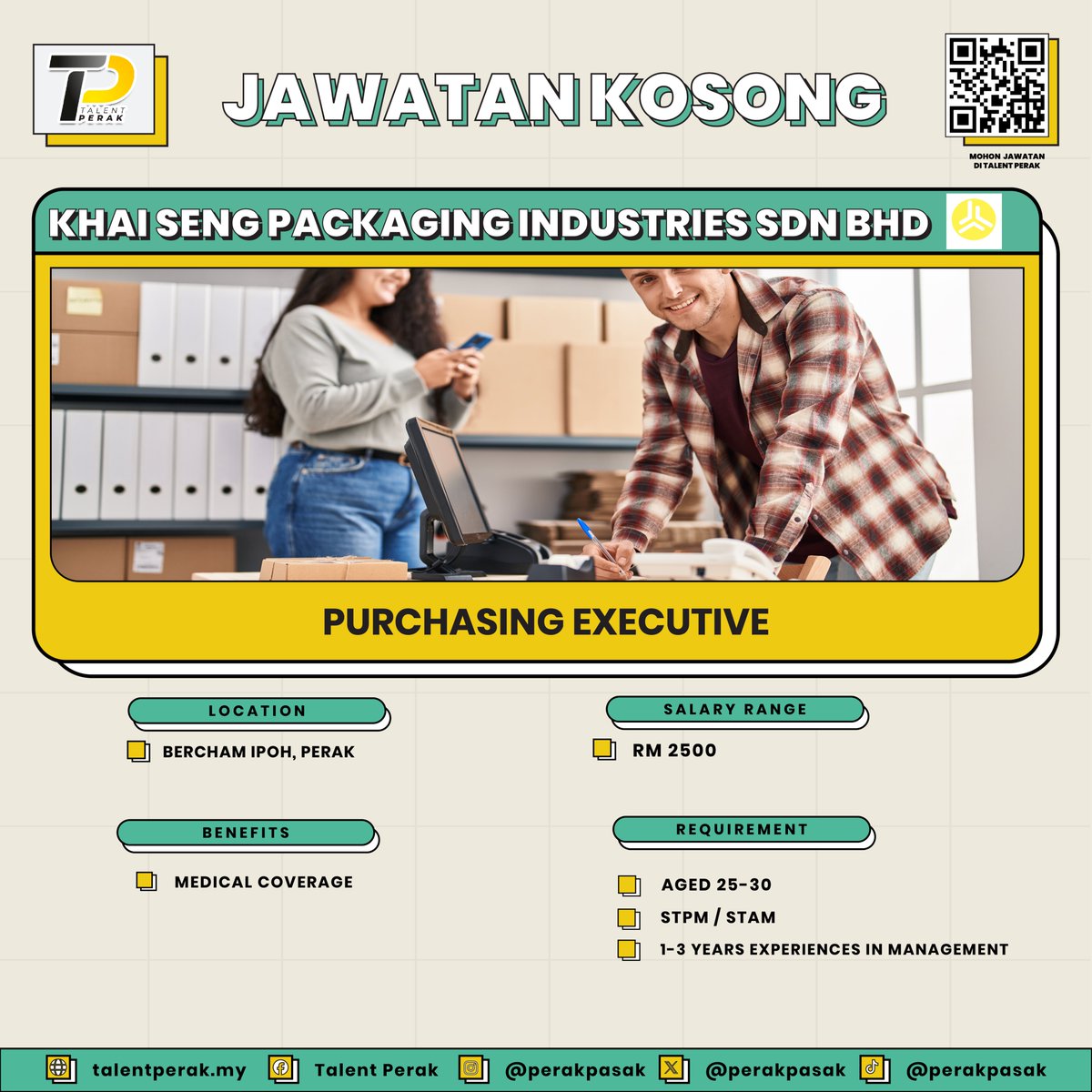 📢 JAWATAN KOSONG

Jom sertai  𝐊𝐇𝐀𝐈 𝐒𝐄𝐍𝐆 𝐏𝐀𝐂𝐊𝐀𝐆𝐈𝐍𝐆 𝐈𝐍𝐃𝐔𝐒𝐓𝐑𝐈𝐄𝐒 𝐒𝐃𝐍 𝐁𝐇𝐃 !

Berminat? Scan QR Code di poster untuk mendaftar!

☎️ Sebarang pertanyaan: wasap.my/60103297284/Kh…
(Isnin - Jumaat jam 9.00 am - 5.00 pm - Tidak termasuk cuti umum)