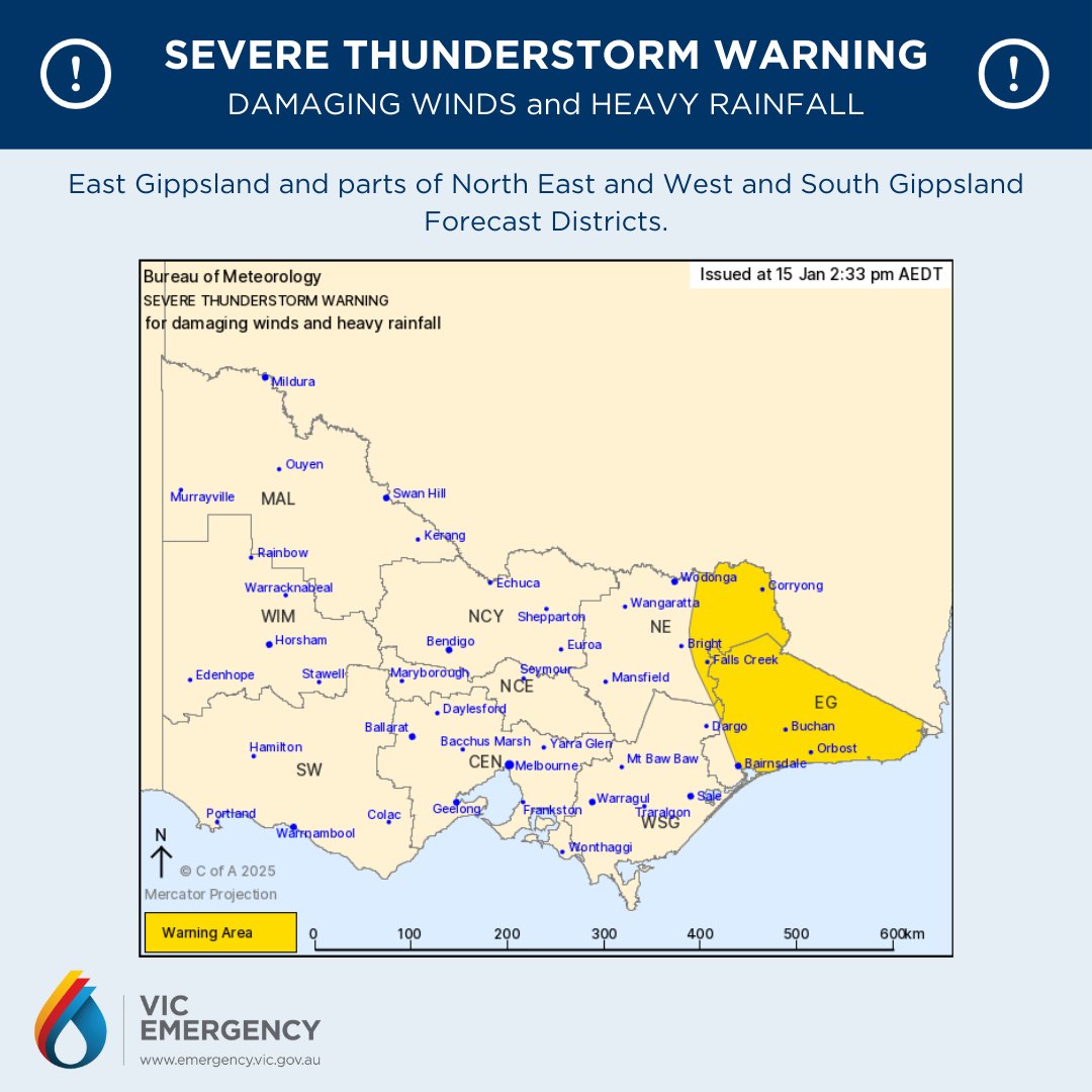 Severe Thunderstorm Warning for damaging winds and heavy rainfall.

Severe thunderstorms sweeping across the east.

For people in East Gippsland and parts of North East and West and South Gippsland Forecast Districts.
 
Stay informed bom.gov.au/vic/warnings/