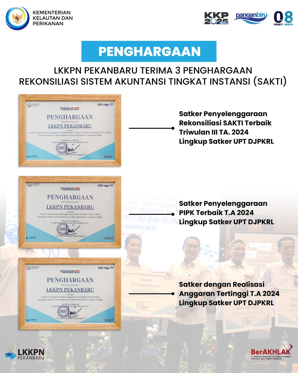 lokapkpekanbaru's tweet photo. Tahun baru, Prestasi baru nih #SahabatBahari!
LKKPN Pekanbaru terima 3 Penghargaan pada Rekonsiliasi Sistem Akuntansi Tingkat Instansi (SAKTI) lingkup Satker UPT DJPKRL.
#CapaianDanPenghargaan #KKPBeyond #KKP #KawasanKonservasi #KKPieh #KKAnambas #DJPKRL #LKKPNPekanbaru https://t.co/m0bNZ2i2Tb