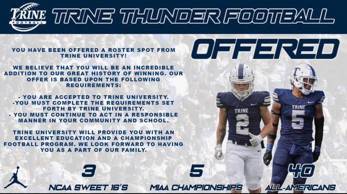Brendan Hudzik (@brendanhudzik07) on Twitter photo After a great conversation with <a href="/CoachWilliamsJ/">Jonas Williams</a>, I am blessed to receive my first offer from Trine university.
<a href="/TrineThunderFB/">Trine Thunder FB</a> <a href="/OFHSfootball/">Eagles Football</a> <a href="/kgroves20/">Kollin Groves</a> After a great conversation with <a href="/CoachWilliamsJ/">Jonas Williams</a>, I am blessed to receive my first offer from Trine university.
<a href="/TrineThunderFB/">Trine Thunder FB</a> <a href="/OFHSfootball/">Eagles Football</a> <a href="/kgroves20/">Kollin Groves</a>