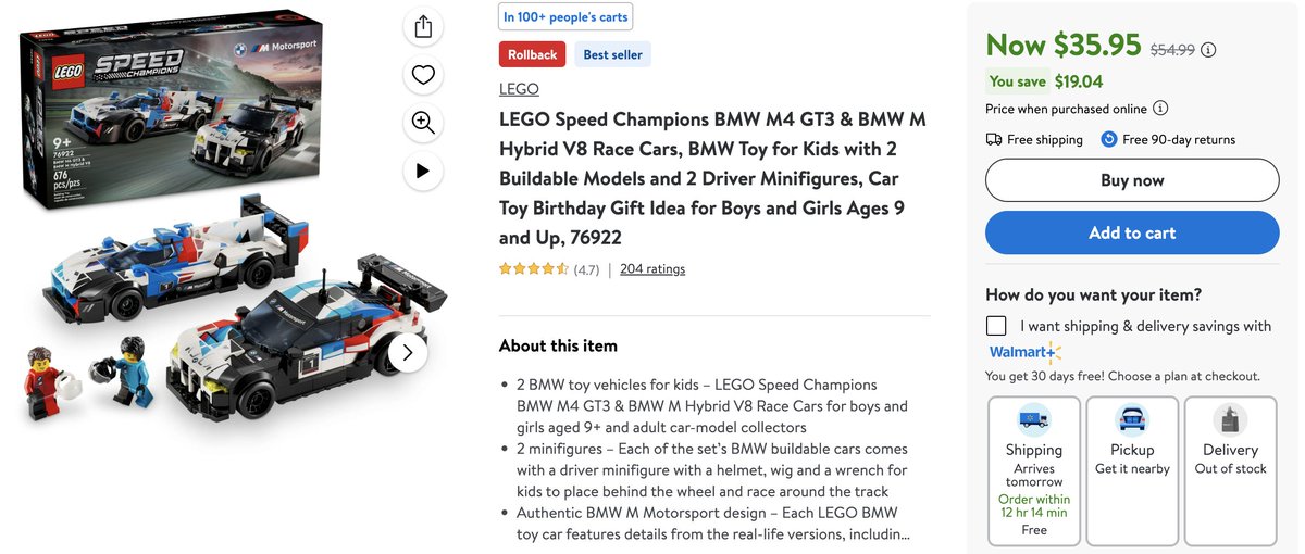 SanctuaryFBA's tweet photo. Was: $54.99
Now: $35.95
What?: LEGO Speed Champions BMW M4 GT3 &amp; BMW M Hybrid V8 Race Cars
Link: https://t.co/bhjc9tqEkv https://t.co/zjBzh9H9Tb