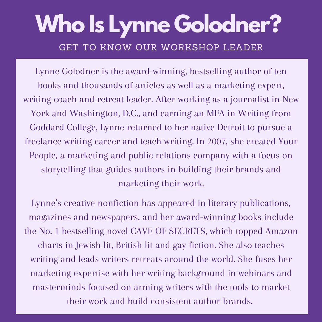 Meet <a href="/YourPeople/">Lynne Golodner</a>, award-winning author and marketing expert Lynne, here to help authors master marketing!

Join us Wednesday, Jan. 22, 7 to 9 p.m. EST, for a virtual workshop, “Marketing for Authors.” Learn how to build your brand this week!

Get tickets: eventbrite.com/e/marketing-fo…
