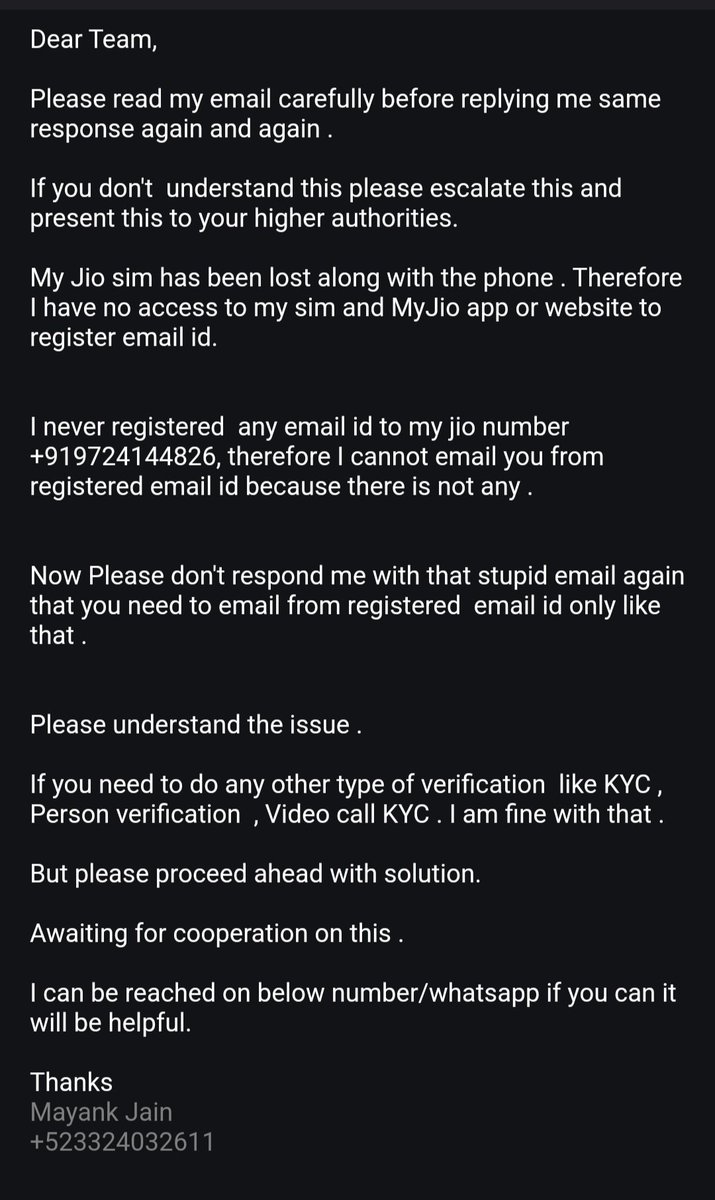 mjainrock's tweet photo. @JioCare @reliancejio Your email team is not helping at all and does not understand my concern . Please help me with this . https://t.co/58vwhy5tSp