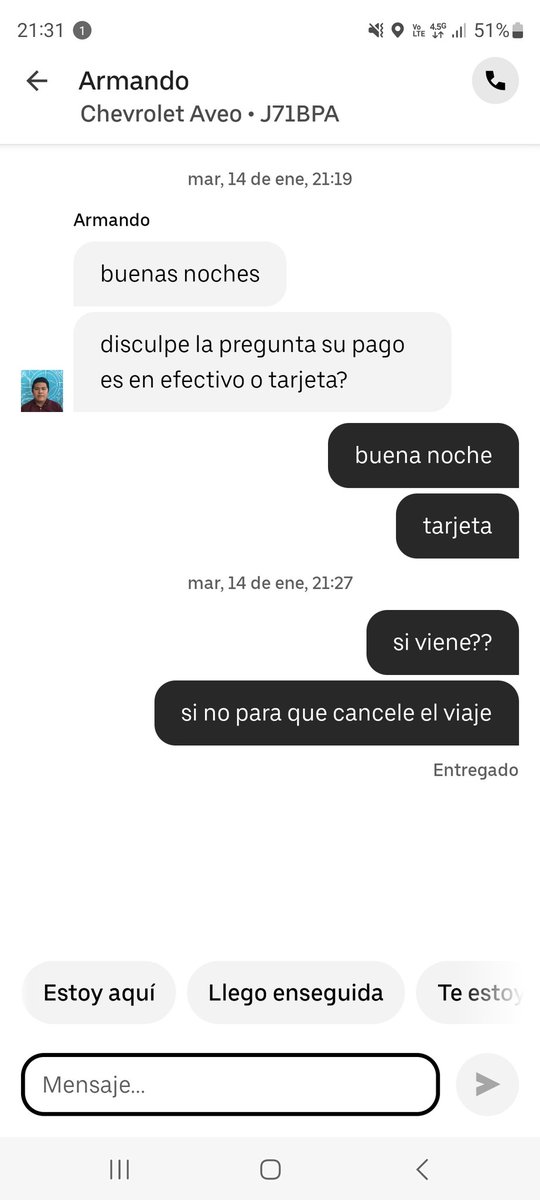 Limonee10's tweet photo. @Uber_MEX este conductor acepto viaje y ya tiene mas de media hora sin moverse, no se que buscan con esas acciones, son libres de elegir. Ya no respondio el Sr. https://t.co/1X3vJK79jd