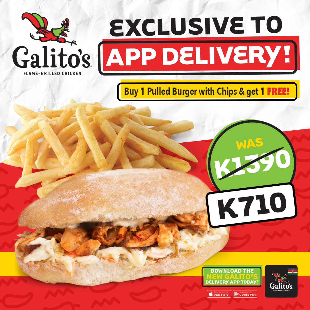 Double the flavour, double the fun! 🍔🍟 Buy one Pulled Burger with chips and get another FREE, exclusively on the Galito's App. 
Download now bit.ly/GalitosKE and satisfy your cravings!
 #GalitosAppExclusive #BurgerBonanza #BoldAfricanFlavour