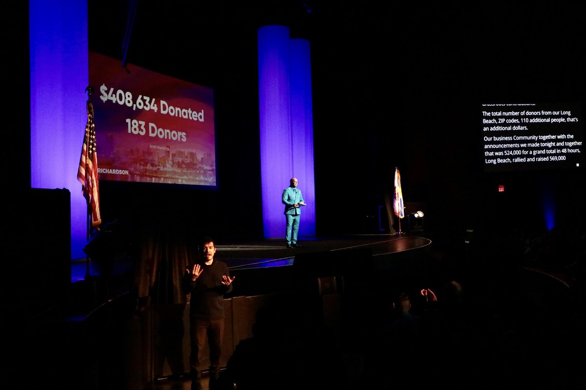 LongBeachMayor's tweet photo. What an incredible night!

2,000 people came out to hear the State of the City, and while I was sharing our vision for the future, we received some amazing news: In just 48 hours, we raised $569,000 for @calfund’s wildfire relief efforts.

This is the power of Long Beach—coming together to serve, build, and uplift our community. Thank you to everyone who showed up, gave generously, and proved once again why our city is so special.