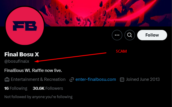 thisissmooth's tweet photo. 🚨SCAM - BE VIGILANT - there's a fake FinalBosu account with over 30k followers going around tagging people in scam links.

This is the only real account -> @finalbosuX 
FAKE > bosufinalx

Take 5 seconds of your time and report the fake one so your frens don't get scammed 🙏 https://t.co/bHakH5cd2D