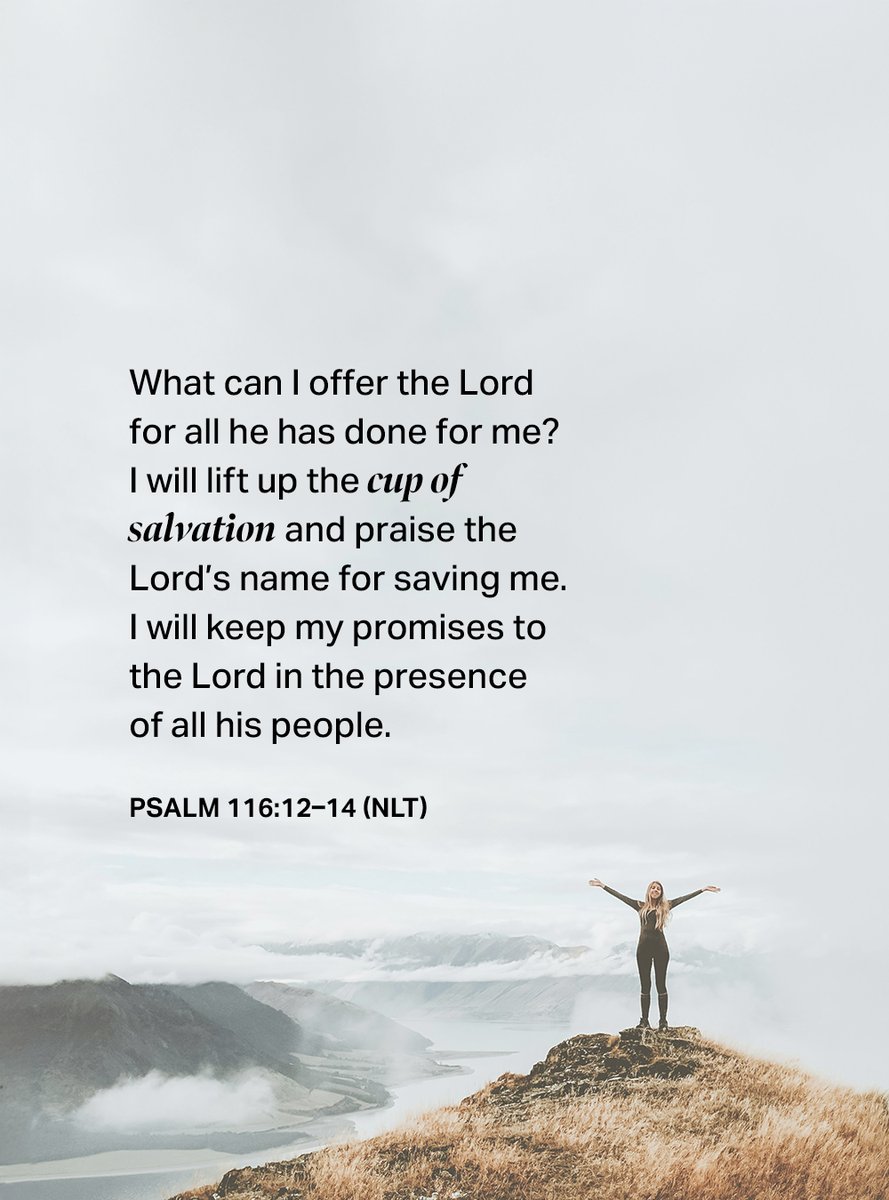 ...I will lift up the cup of salvation and praise the Lord’s name for saving me. I will keep my promises to the Lord in the presence of all his people. - Psalm 116:12–14 (NLT)

📖 Which verse is on your heart? Please do share!

#bibleverse #verseoftheday