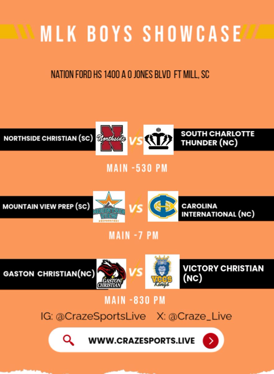 CrazeSportsLive (@craze_live) on Twitter photo MLK Showcase! Girls and Boys. 26 Teams competing from NC, SC, GA.
<a href="/indianlandgbb1/">Indian Land Girls Basketball</a> @ladylancershoops @garinger_wbb @mvpgirls_bball @pdsgirlsbball @riverbluff_wbb @ladybruinsbasketball @covenantdaywbb @rabungapgirlsbasketball <a href="/vccskings/">Victory Christian Center School</a> @qghs_hoops <a href="/officialgcsmbb/">Gaston Christian Men’s Basketball</a> @mvphoops_ MLK Showcase! Girls and Boys. 26 Teams competing from NC, SC, GA.
<a href="/indianlandgbb1/">Indian Land Girls Basketball</a> @ladylancershoops @garinger_wbb @mvpgirls_bball @pdsgirlsbball @riverbluff_wbb @ladybruinsbasketball @covenantdaywbb @rabungapgirlsbasketball <a href="/vccskings/">Victory Christian Center School</a> @qghs_hoops <a href="/officialgcsmbb/">Gaston Christian Men’s Basketball</a> @mvphoops_