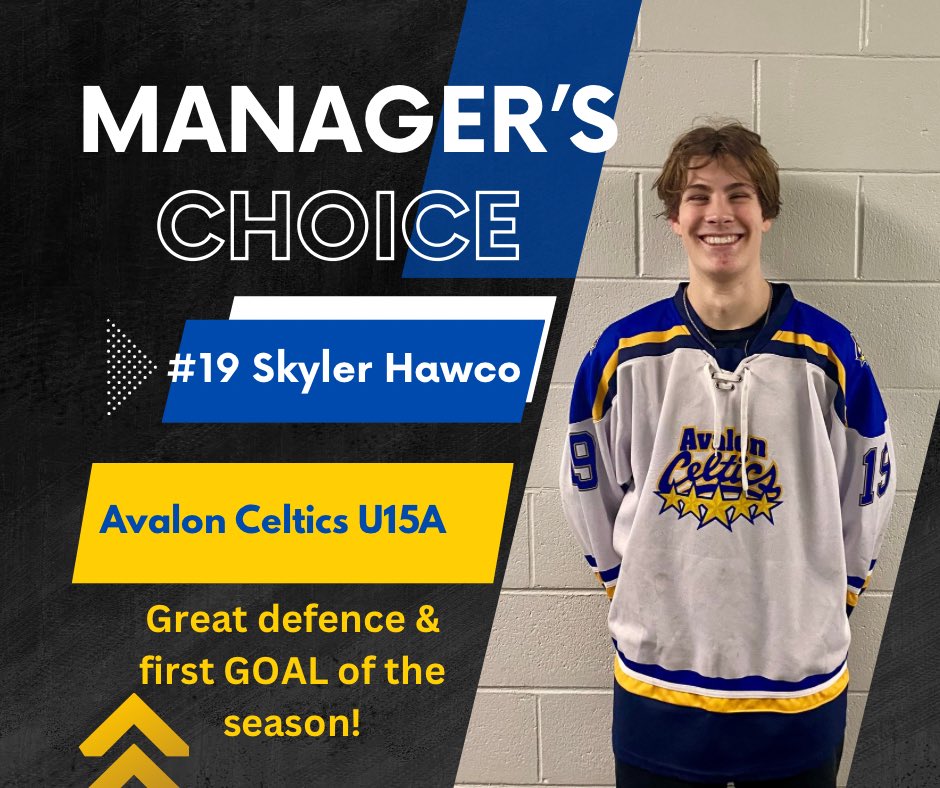 AvalonU15A's tweet photo. Great Game tonight against the Renegades! Finally have our full team together! Player of the Game goes out to #13 McGuire, and shout-out to our Managerโs Choice, #19 Hawco - congrats on your first goal of the season! Great job boys! #pog #managerschoice #hockey #gocelticsgo https://t.co/TcQX2yIAvr