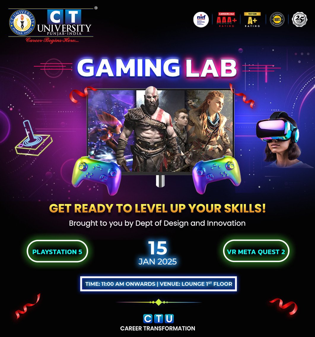 CT_University's tweet photo. CT University's Gaming Lab is Here -
To take your skills to the "Next Level". 

Dive into an immersive experience with "PlayStation 5" 
and 
"VR Meta Quest 2."

Date: 15th January 2025
Time: 11:00 AM onwards
Venue: Lounge, 1st Floor

#GamingLab #DesignAndInnovation #CTU https://t.co/id1YkR01I6