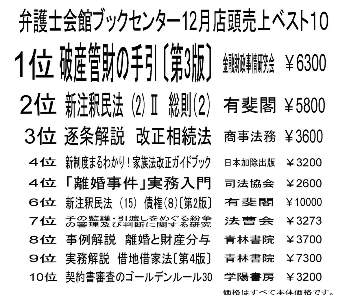 弁護士会館ブックセンター売上ランキング（１２月）📚】 １位 中吉徹郎・岩崎慎『破産管財の手引〔第3版〕』（金融財政事情研究会） ２位  山本敬三・大村敦志・道垣内弘人『新注釈民法(2)Ⅱ 総則(2)』（有斐閣） ３位 堂薗 幹一郎・脇村 真治・神吉 康二・宇野 直紀『逐条 ...