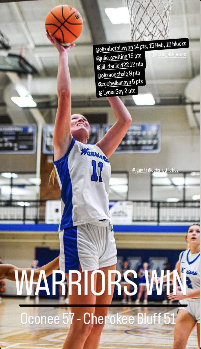 OCHS Lady Warriors Basketball (@oconeewbball) on Twitter photo These girls know how to Fight! Lady Warriors move to 3-1 in region play with a big win tonight.
<a href="/KyleSandy355/">Kyle Sandy</a> <a href="/OconeeSports/">Oconee Enterprise Sports</a> <a href="/OCHS_Athletics/">OC Warrior Athletics</a> <a href="/ElizabethWynn25/">Elizabeth Wynn</a> <a href="/Julieazeltine5/">Julie Azeltine</a> <a href="/ElizaOechsle/">Eliza</a> These girls know how to Fight! Lady Warriors move to 3-1 in region play with a big win tonight.
<a href="/KyleSandy355/">Kyle Sandy</a> <a href="/OconeeSports/">Oconee Enterprise Sports</a> <a href="/OCHS_Athletics/">OC Warrior Athletics</a> <a href="/ElizabethWynn25/">Elizabeth Wynn</a> <a href="/Julieazeltine5/">Julie Azeltine</a> <a href="/ElizaOechsle/">Eliza</a>