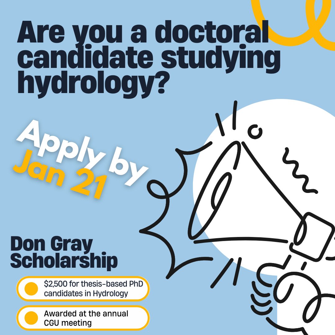 Canadian YHS (@canadianyhs) on Twitter photo Attention doctoral candidates in the field of hydrology! Don't miss out on this exciting scholarship opportunity! Follow the link for more info:
cgu-ugc.ca/awards/dongray/ Attention doctoral candidates in the field of hydrology! Don't miss out on this exciting scholarship opportunity! Follow the link for more info:
cgu-ugc.ca/awards/dongray/