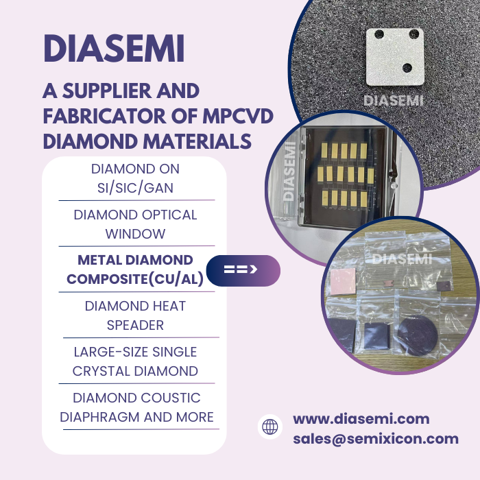 DiamondSemi's tweet photo. DIASEMI:A U.S.-Based Supplier of MPCVD Diamond Material
Introducing Copper-Diamond and Aluminum-Diamond Composite,advanced materials designed for superior thermal management
sales@semixicon.com
https://t.co/uA2KnswaVF
#cvddiamond
#copperdiamondcomposite
#aluminumdiamondcomposite https://t.co/DBpVh6IhoB