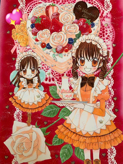 夢色パティシエールカラー扉紹介企画⑤連載5回目は2月号だったので扉はバレンタインがテーマです一度ケーキを主役に描いてみたかっんですよね。これはホワイトチョコケーキ割と美味しそうに描けたかな。 